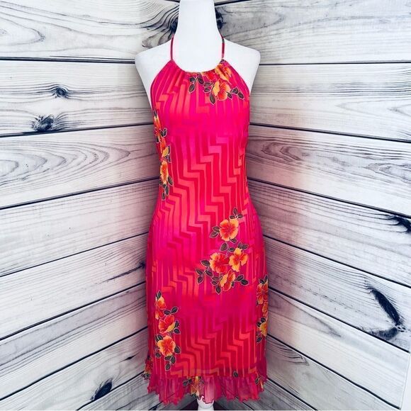 Vintage 90s California Concepts Pink Floral Patterned Halter Midi Dress - Picture 1 of 7